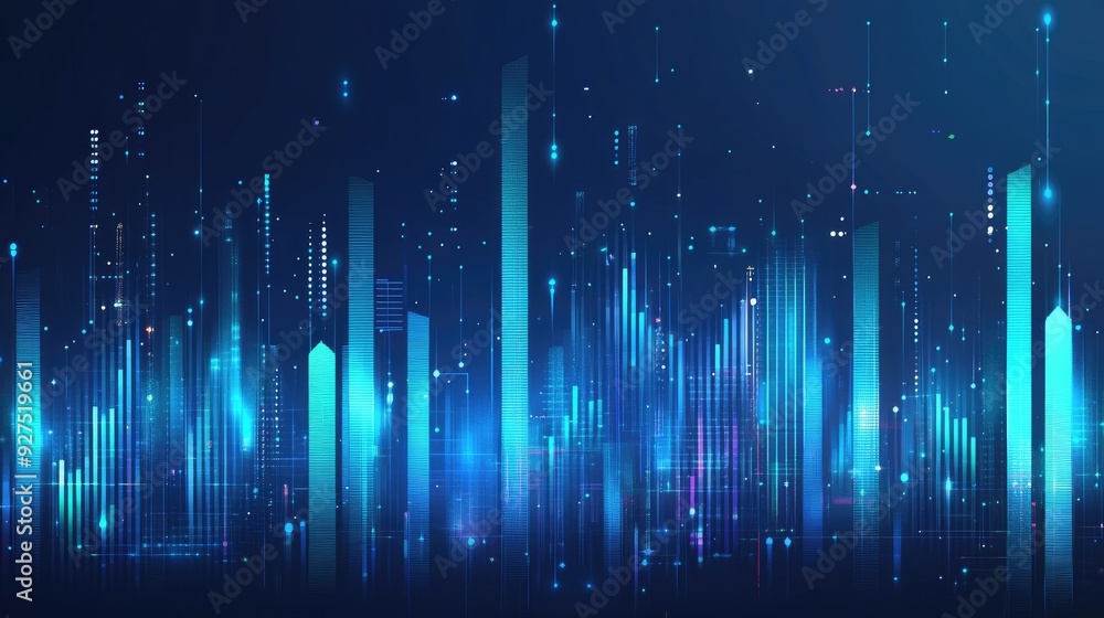 Poster blue music equalizer vector illustration featuring an array of sound bars and waveforms. clean, mode