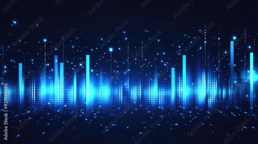 Poster blue music equalizer vector illustration with detailed bars and waveforms. elegant design showcasing