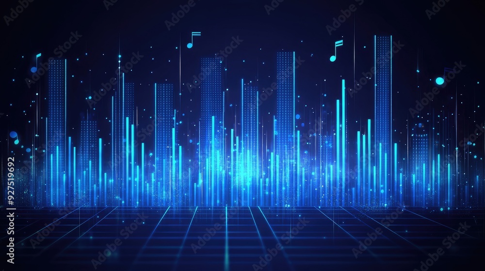 Poster blue music equalizer vector illustration with detailed bars and waveforms. elegant design showcasing
