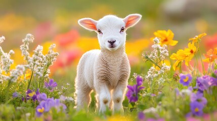Fototapeta premium A heartwarming image of a cute baby lamb standing in a field of vibrant spring flowers, capturing the essence of springtime innocence.