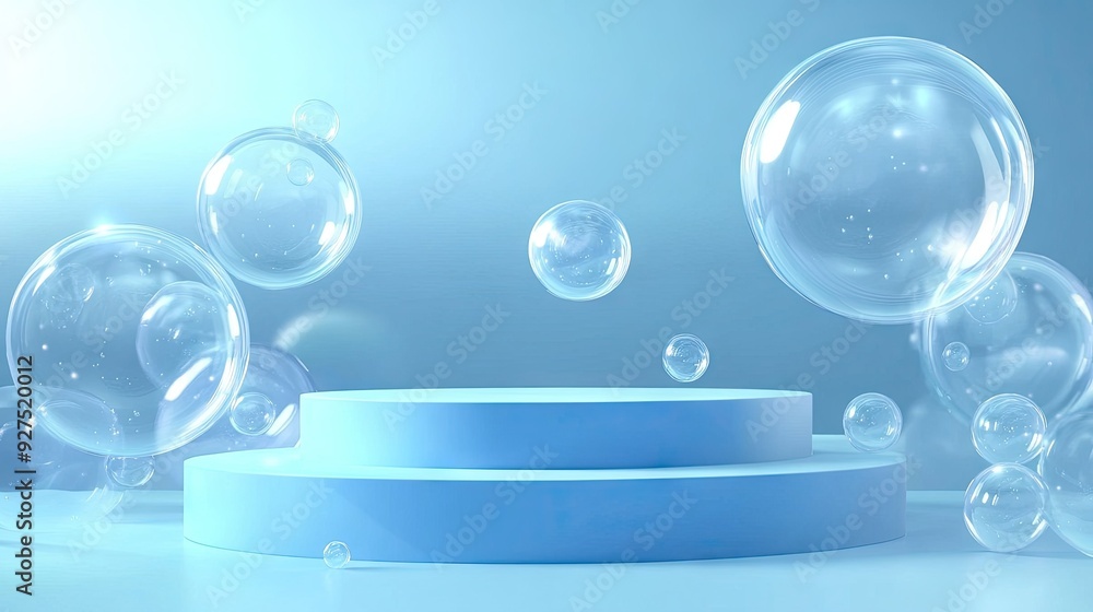 Poster blue podium stage with soap bubbles drifting across the scene. 3d vector background with rounded rec