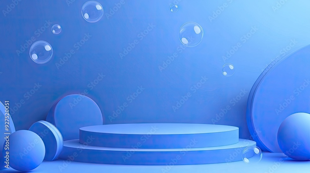 Poster blue podium stage with soap bubbles drifting across the scene. 3d vector background with rounded rec