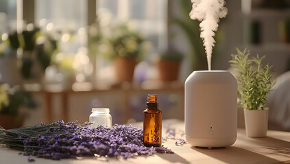 A serene setup featuring an aroma diffuser emitting steam, surrounded by lavender and essential oil for a calming ambiance.