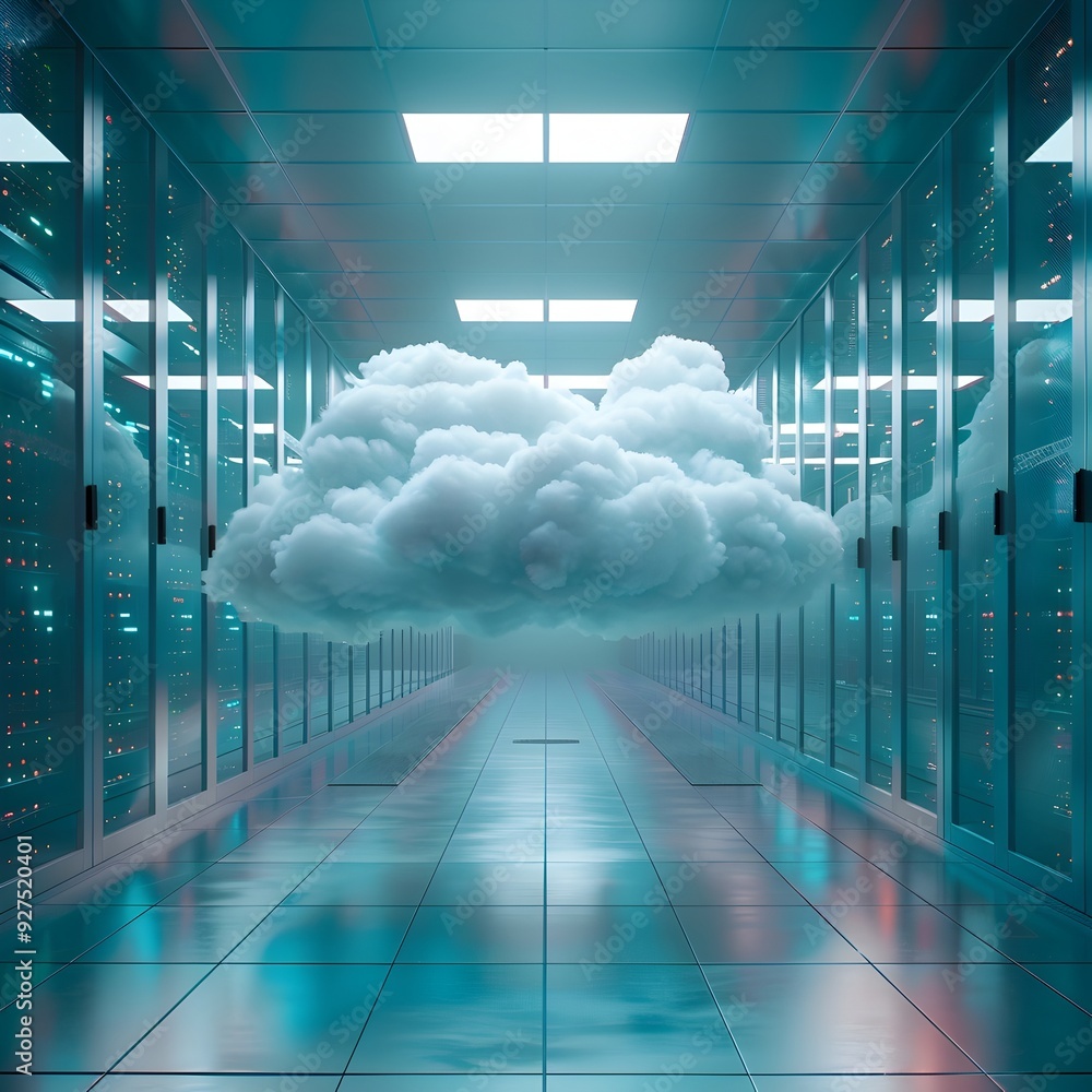 Poster surreal server room with ethereal cloud like infrastructure blending physical and virtual realms