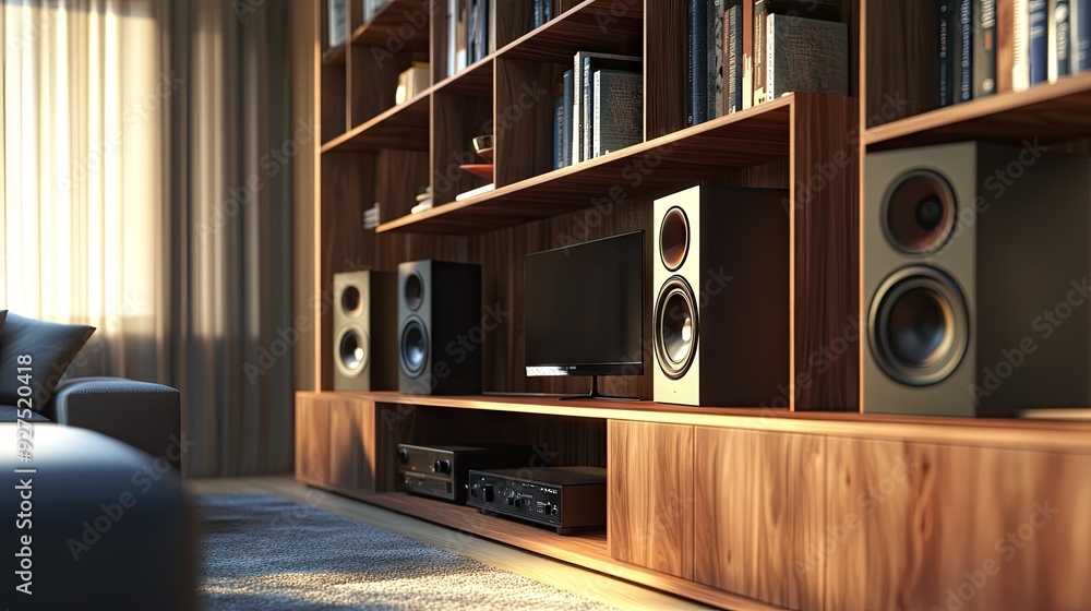Poster bookshelf with modern audio speakers, rendered in 3d for a refined and practical music setup. the in