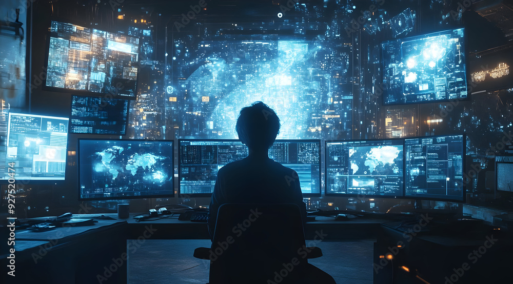Poster a focused individual monitors multiple screens, showcasing advanced technology and data visualizatio