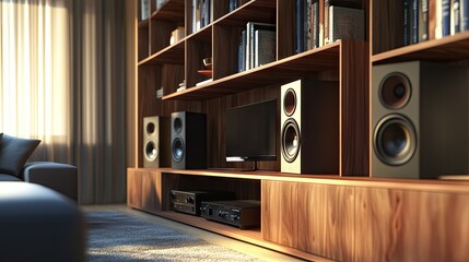 Bookshelf with modern audio speakers, rendered in 3D for a refined and practical music setup. The integration of speakers into the bookshelf highlights a stylish approach to home audio.