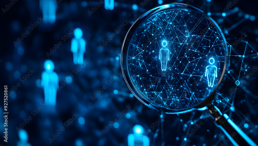 Poster a magnifying glass focuses on digital human icons, symbolizing data analysis and connection in a vir