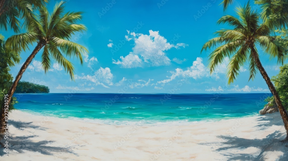 Canvas Prints Two palm trees frame a white sand beach, turquoise water, and a blue sky with fluffy white clouds.