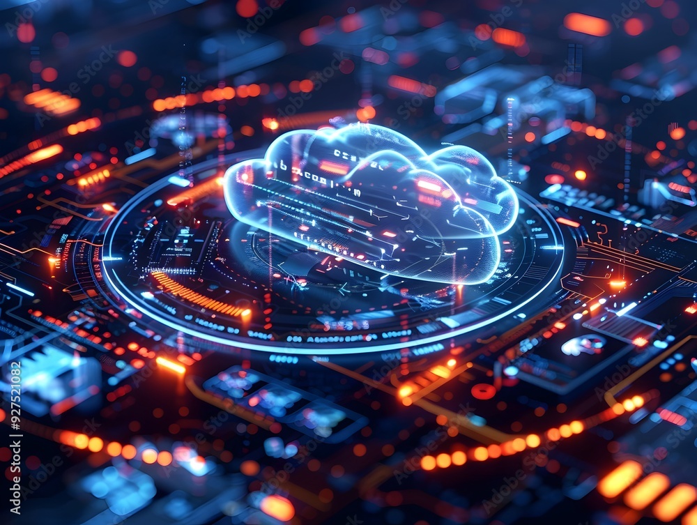 Poster futuristic cloud computing device accessing holographic data displays showcasing advanced applicatio