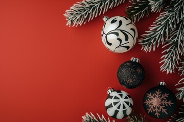 Christmas bauble ornaments composition on red background