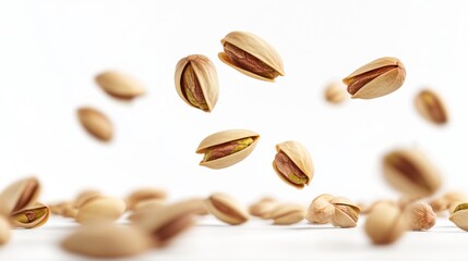Obraz premium Flying in air fresh raw whole and cracked pistachios isolated on white background. Falling pistachio