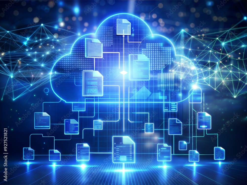 Poster cloud computing network: a glowing cloud computing network with connected documents and data, symbol