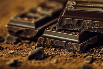 Close-up of dark chocolate bars resting on cocoa powder, highlighting the rich texture and deep brown color.