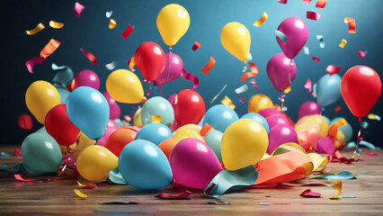 Bright and cheerful birthday scene with balloons in every corner.