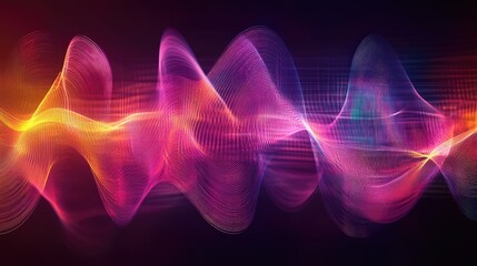 Colorful sound wave visualization capturing voice and audio energy. Abstract background with bright, flowing lines showcasing dynamic audio patterns and intensity.