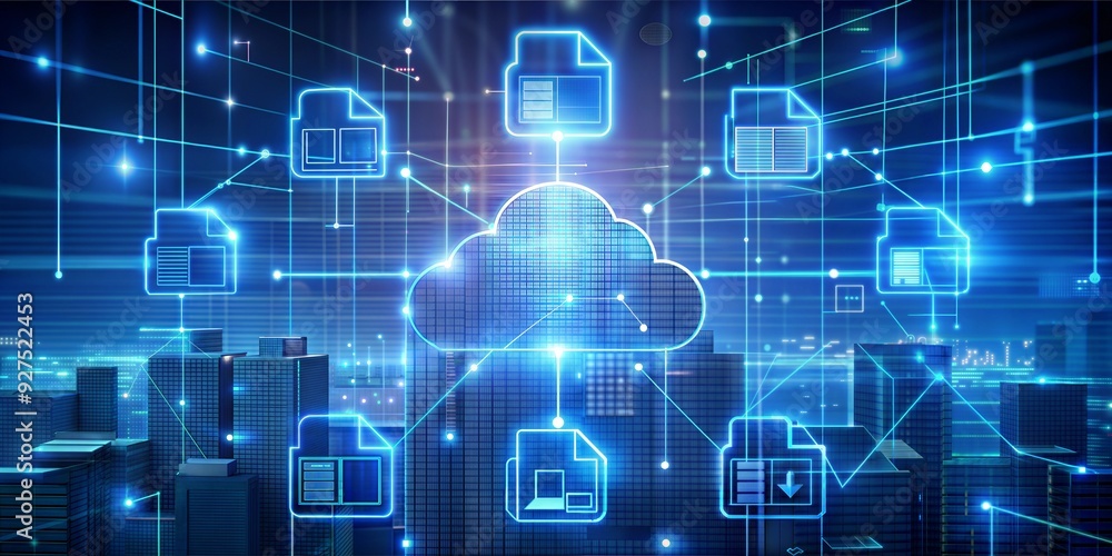 Poster cloud computing network: a glowing cloud computing network with connected documents and data, symbol