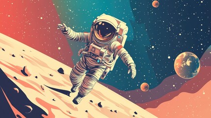 Colorful vector illustration of an astronaut in a space suit on the Martian surface, performing space exploration tasks with a stunning starry background and planetary visuals.