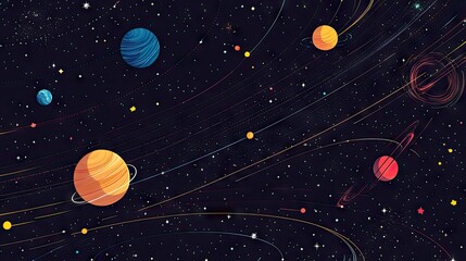 Colorful vector map of the solar system showing the orbits of Earth, Jupiter, and Saturn. Modern design with galaxy and star patterns, perfect for educational materials and astronomy posters.