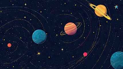 Fototapeta premium Colorful vector map of the solar system showing the orbits of Earth, Jupiter, and Saturn. Modern design with galaxy and star patterns, perfect for educational materials and astronomy posters.