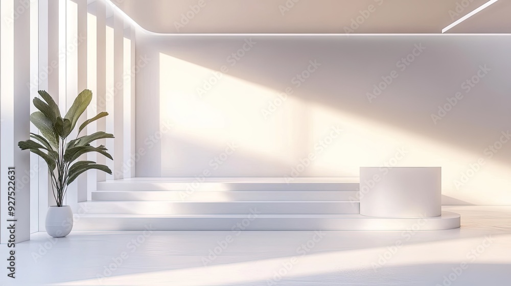 Poster contemporary white studio with a white podium. ideal for professional presentations or product displ