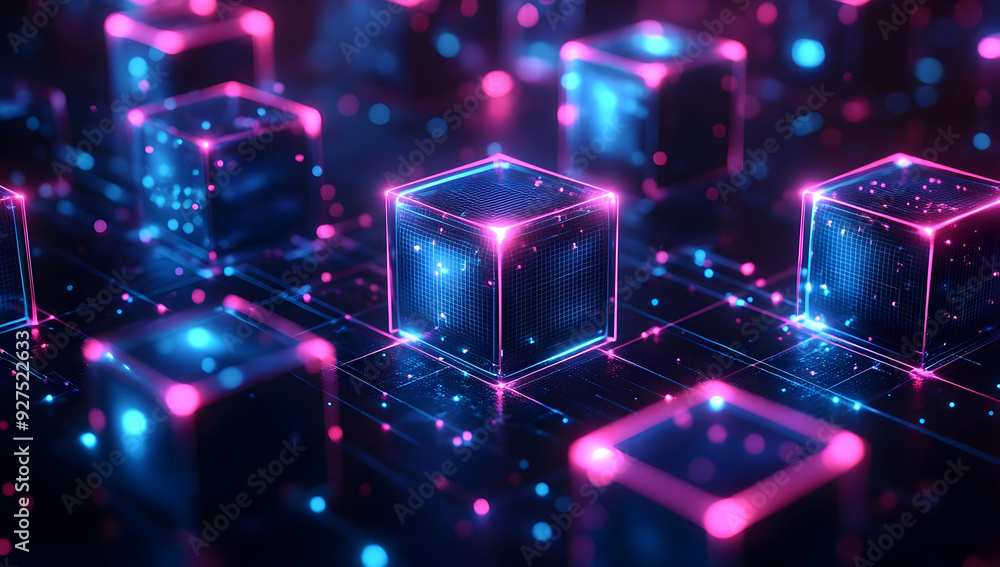Poster futuristic digital cubes glowing in neon colors, creating a vibrant and dynamic visual effect, perfe