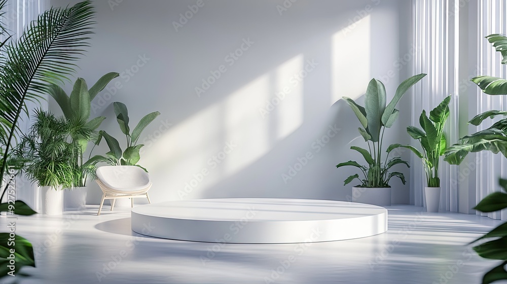 Poster contemporary white studio with a white podium. ideal for professional presentations or product displ