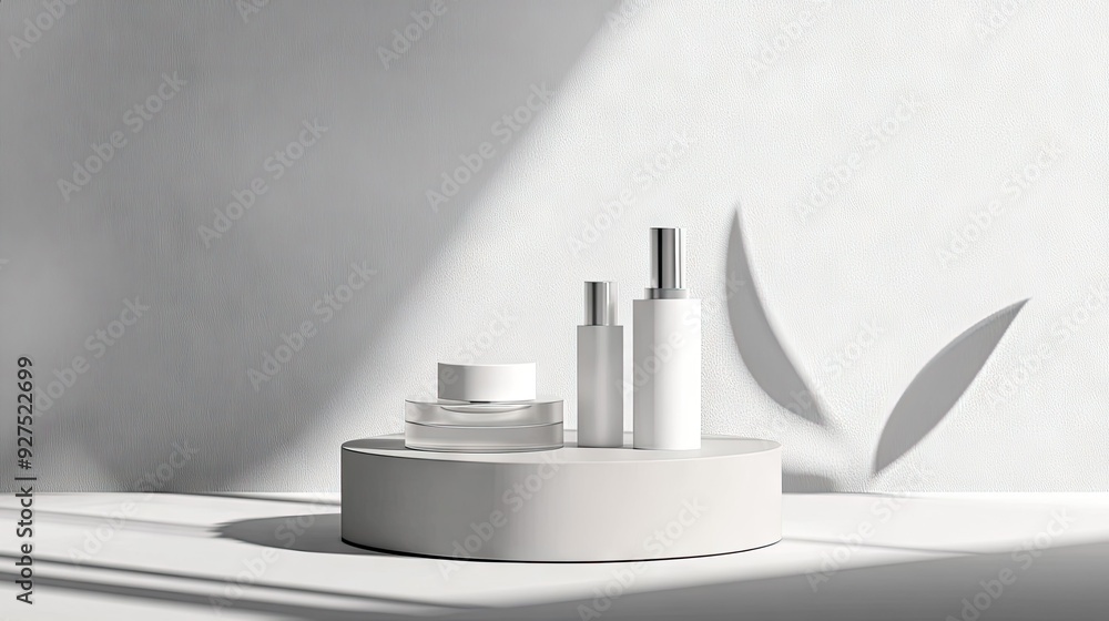 Poster cosmetic product showcase with a clean gray background and elegant podium. perfect for high-end bran