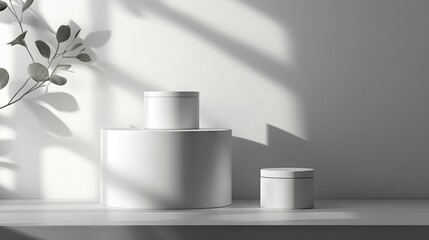 Cosmetic product presentation with a minimalist gray background and premium podium display. Perfect for high-end branding and packaging presentations. Studio stage with gentle shadows.