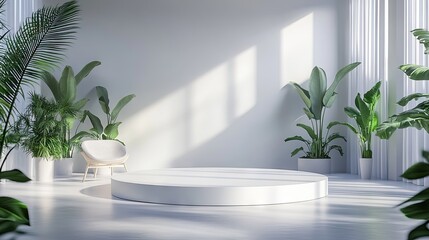 Contemporary white studio with a white podium. Ideal for professional presentations or product displays. 3D rendering with a modern, sleek design and plenty of open space.