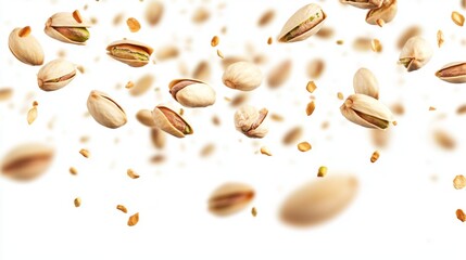 Flying in air fresh raw whole and cracked pistachios isolated on white background. Falling pistachio