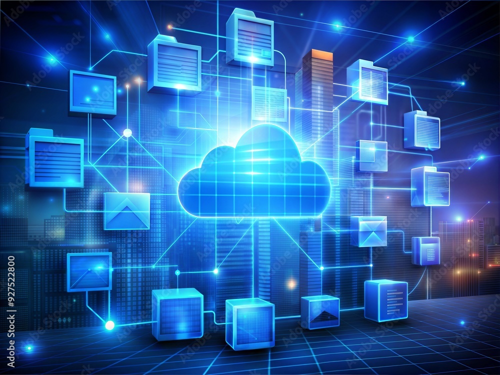 Poster cloud computing network: a glowing cloud computing network with connected documents and data, symbol