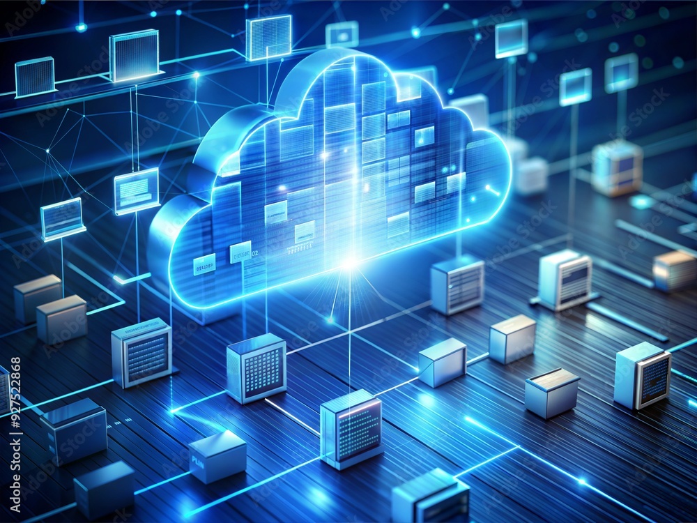 Poster cloud computing network: a glowing cloud computing network with connected documents and data, symbol