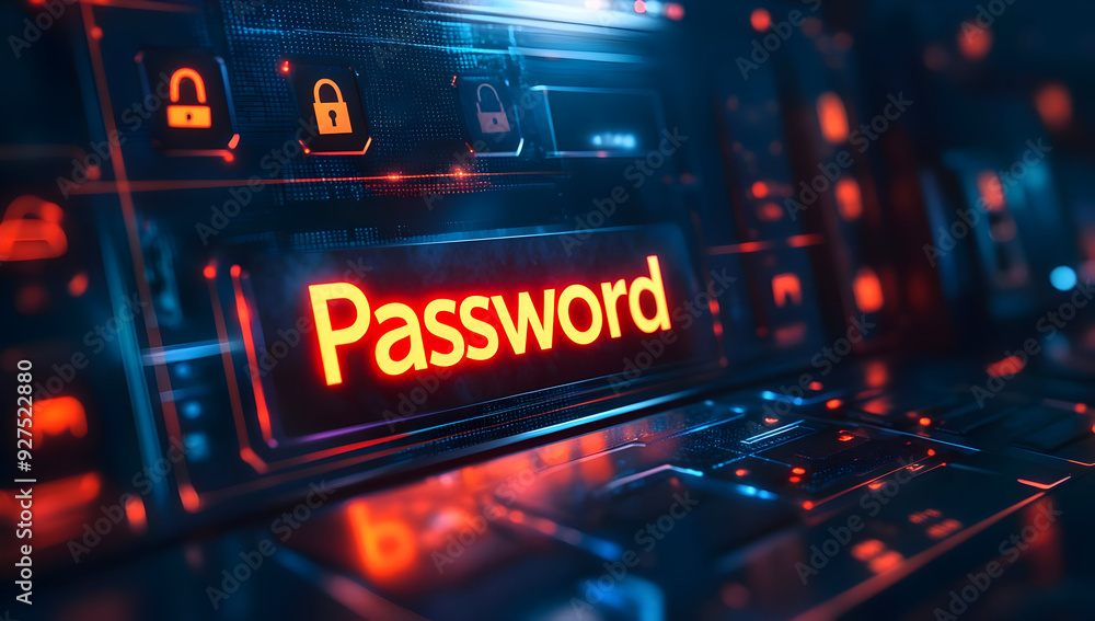 Poster illuminated keyboard with the word 'password', highlighting security and digital protection themes i