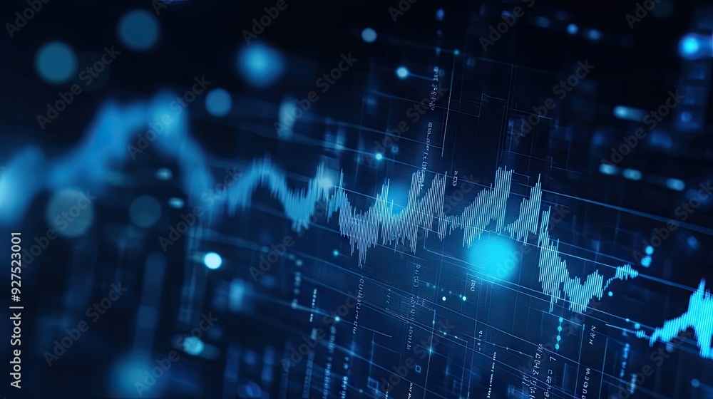 Poster dark blue technology background with business investment graph displaying upward growth. features fi