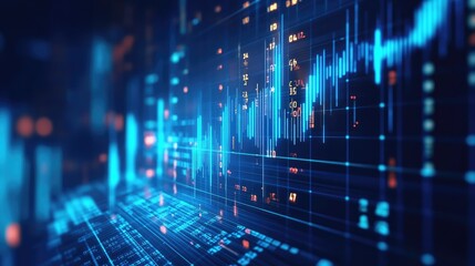 Dark blue technology background with financial investment graph highlighting growth to success. Features stock market trading charts and profit data for strategic insights.