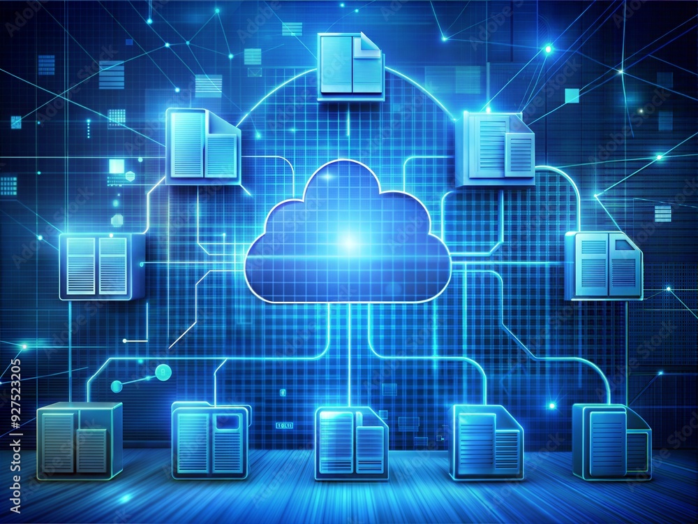 Poster cloud computing network: a glowing cloud computing network with connected documents and data, symbol