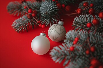 Christmas tree bauble decorations on red background  