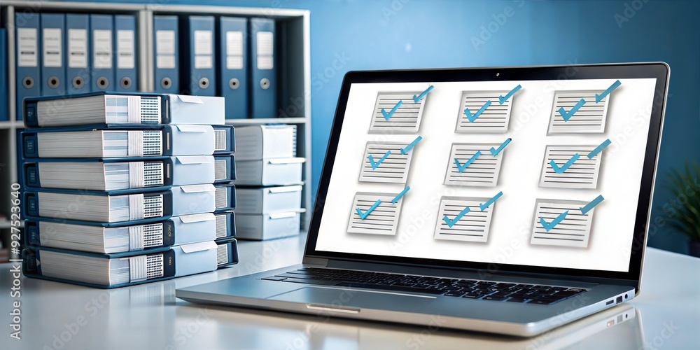 Poster efficient workflow: a laptop displays a screen filled with checkmarks, symbolizing tasks completed a