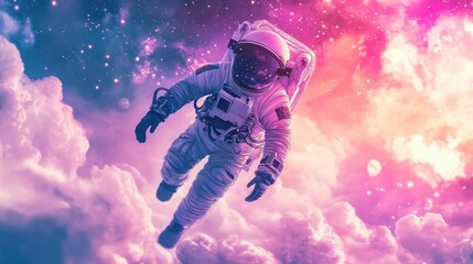 Detailed vector art of an astronaut in a space suit exploring the surface of a new world, surrounded by a vibrant star-filled sky and cosmic elements. Futuristic and eye-catching.