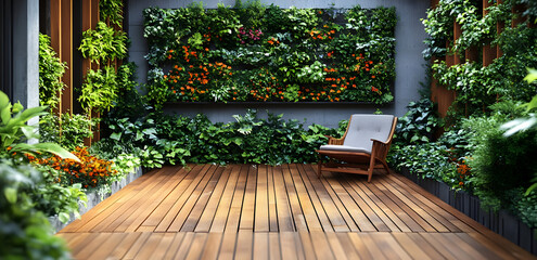 Obraz premium A serene indoor garden with lush greenery, wooden floor, and a comfortable chair, perfect for relaxation and inspiration.