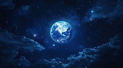 Digital art showing Earth from space with a bright moon and distant stars against a dark blue sky. A vivid depiction of the celestial scene featuring our planet.