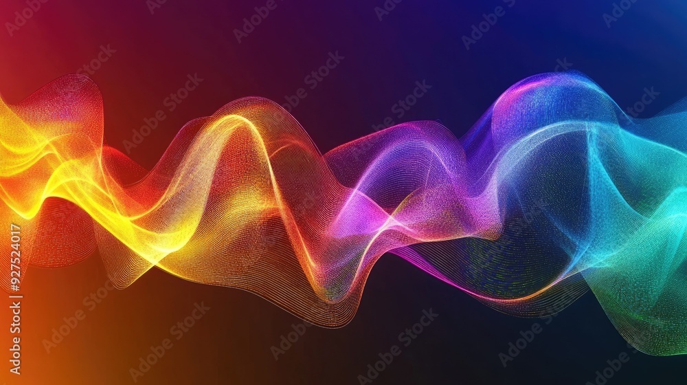 Poster dynamic illustration of sound wave lines with a rainbow gradient. abstract background highlighting v