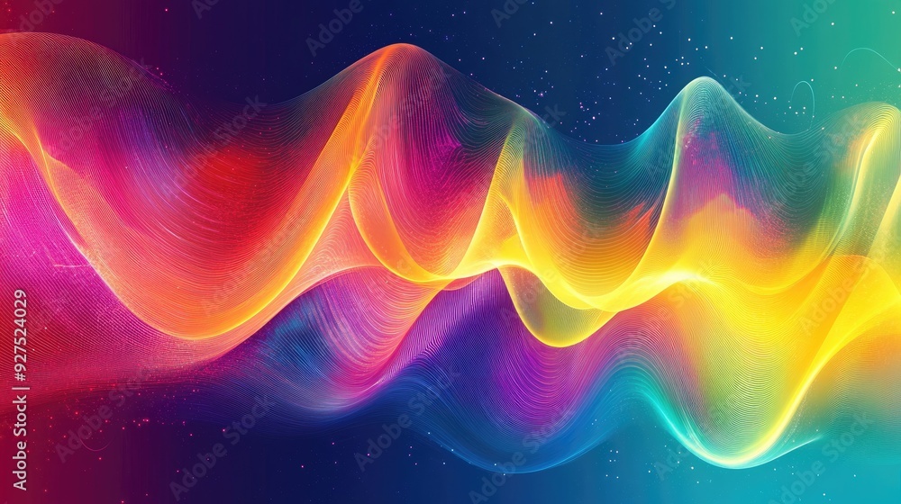 Poster dynamic illustration of sound wave lines with a rainbow gradient. abstract background highlighting v