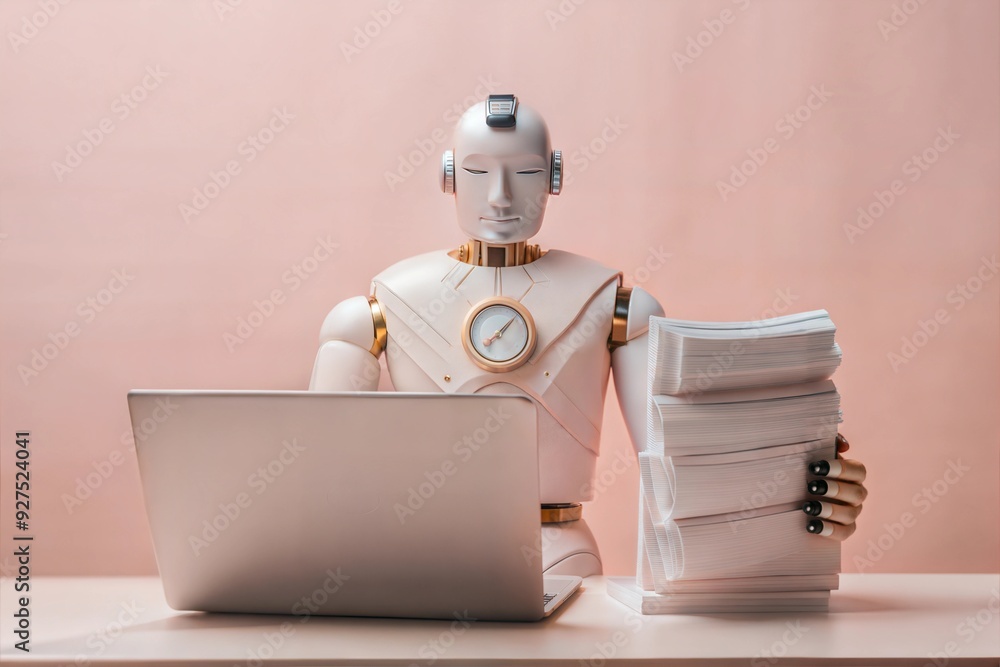 Poster robot assistant: a humanoid robot sits at a desk, diligently working on a laptop while holding a sta