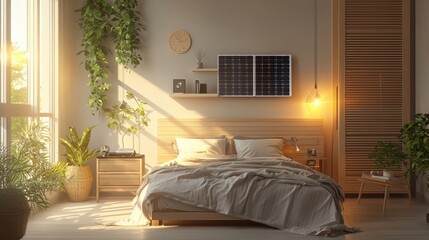 Bedroom with energy-efficient insulation and solar-powered devices, promoting clean energy