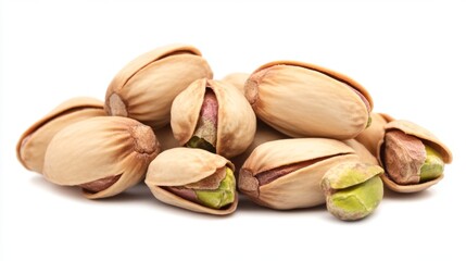Pistachios isolated on a white background. Pile of pistachio nuts closeup