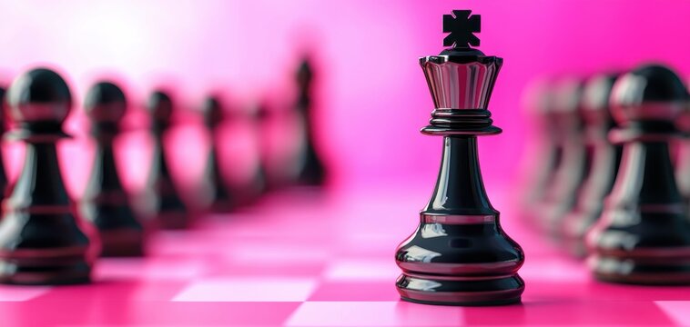 A close-up of a black chess king piece on a vibrant pink chessboard, representing strategy and competition in the game of chess.