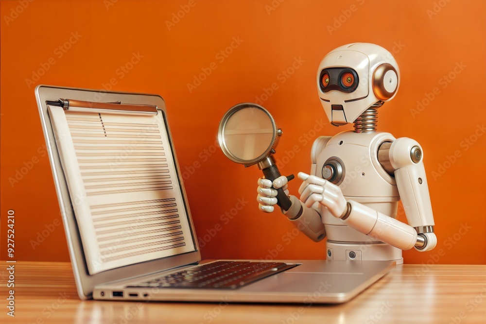 Poster robot scrutinizing data: a white robot meticulously examines data on a laptop, magnifying glass in h