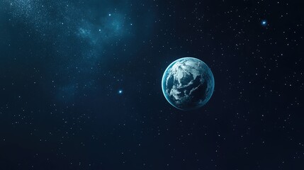 Fototapeta premium Earth visible against a dark blue night sky with a bright moon and scattered stars. A digital 3D rendering showcasing the serene beauty of our planet and its celestial companions.